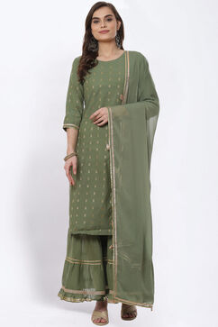 Olive Green Art Silk Straight Suit Set image number 0